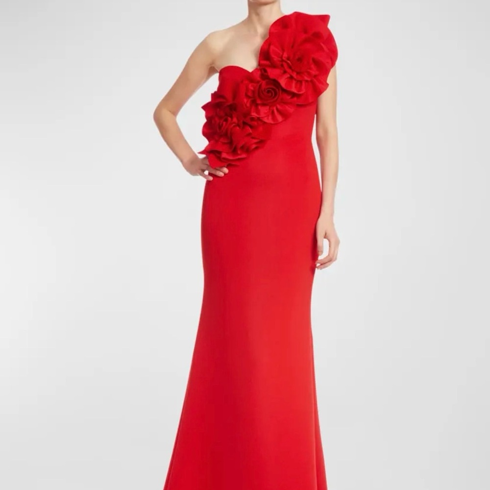 Badgley Mischka dress $795 One Shoulder Rosette Scuba Gown